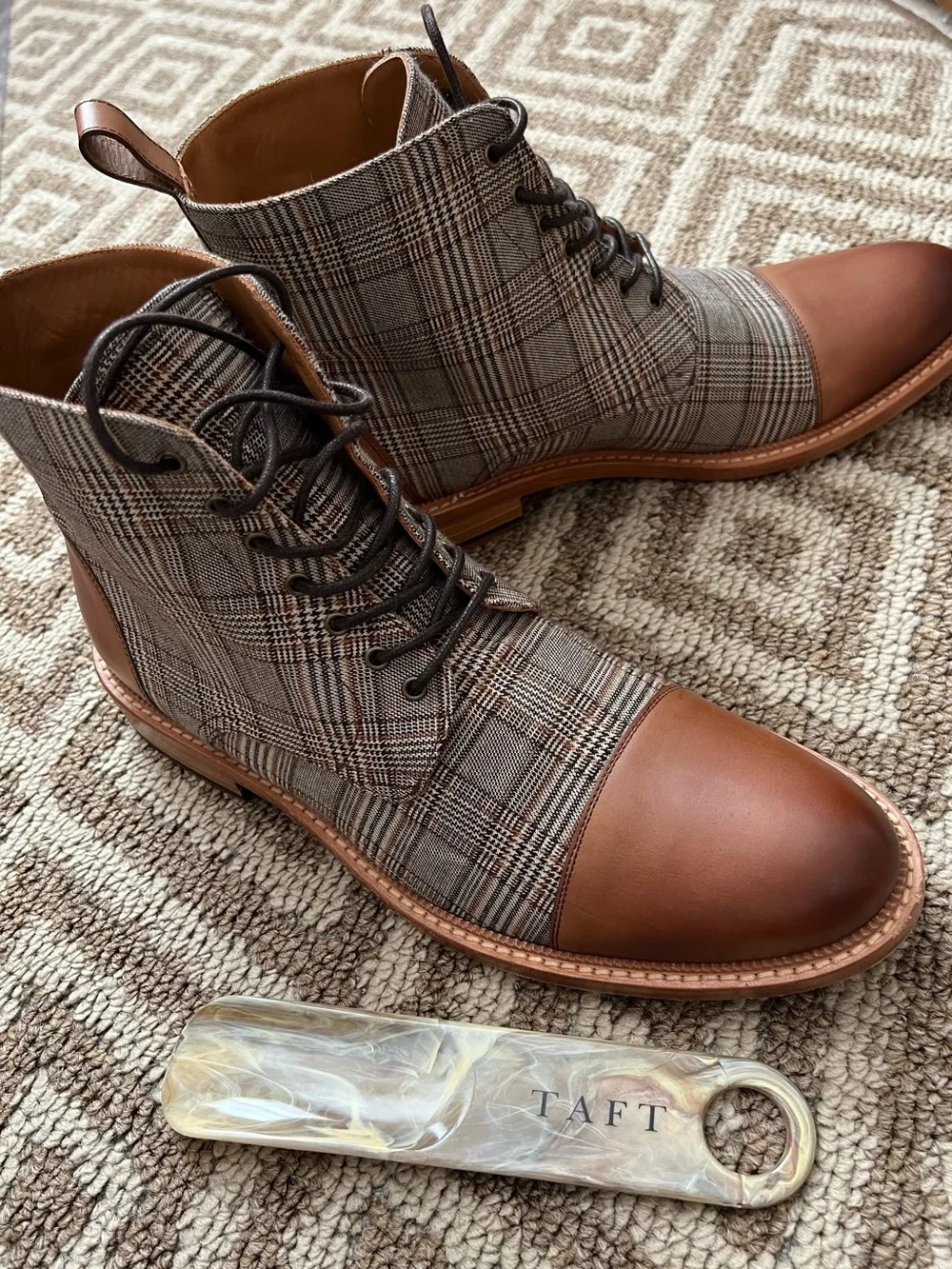 TAFT The Jack Boot Brown Leather & Grey Plaid Lace-Up Boots Spain EU 42 US 9